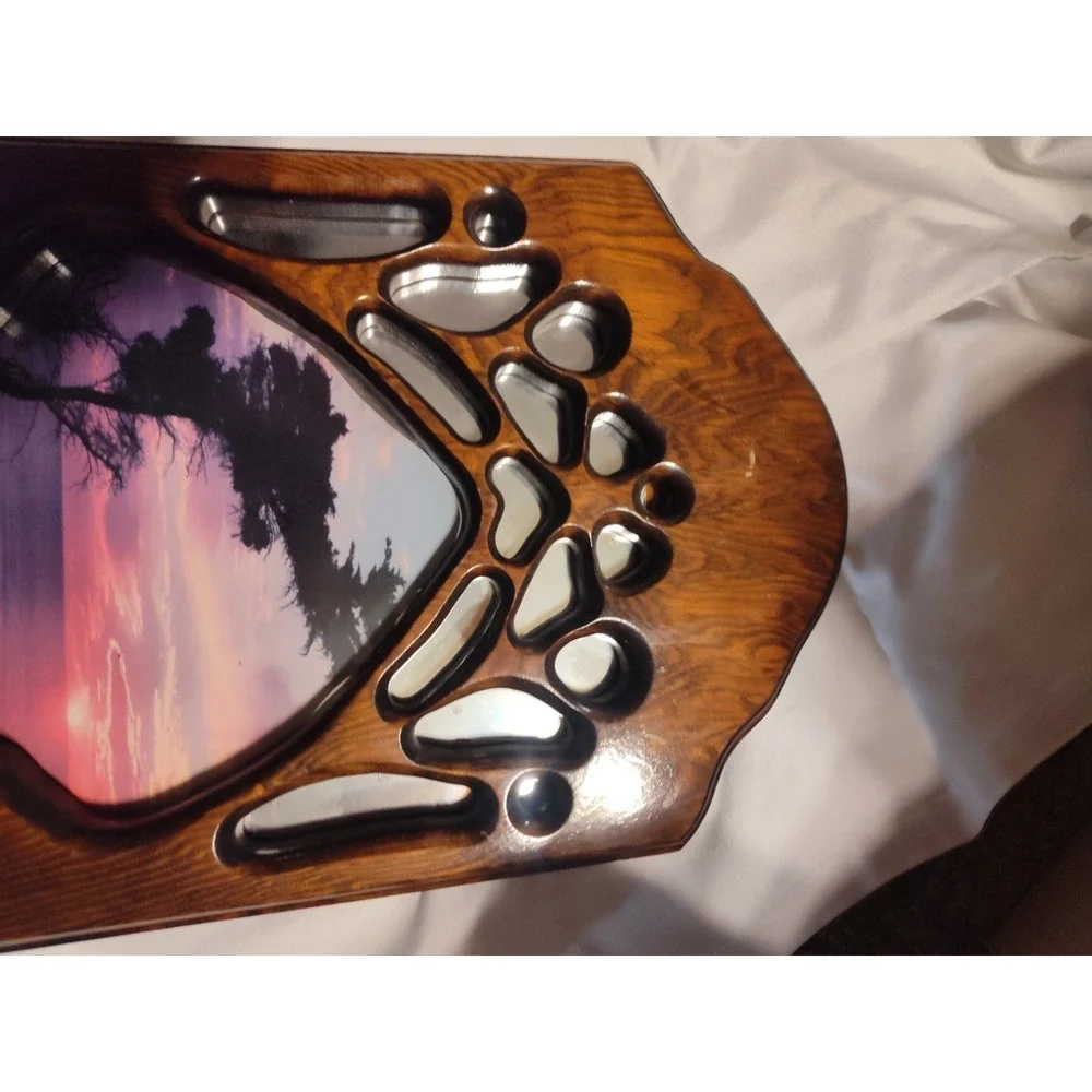 Handmade Wall Hanging With Mirror And Pict Of A Sunset. Shaped Like A Bear Paw
